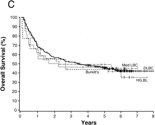 Fig. 1. NHLs with a 5-year overall survival of greater than 70% (A), 50% to 70% (B), 30% to 49% (C), and less than 30% (D); ALCL, anaplastic large T/null-cell lymphoma; MZ, MALT, marginal zone B-cell lymphoma of mucosa-associated lymphoid tissue; FL, follicular lymphoma; MZ, nodal, marginal zone B-cell lymphoma of nodal type; LP, lymphoplasmacytoid lymphoma; SL, small lymphocytic lymphoma; Med LBC, primary mediastinal large B-cell lymphoma; DLCBL, diffuse large B-cell lymphoma; HG, BL, high-grade B-cell Burkitt-like lymphoma; T-LB, precursor T-lymphoblastic lymphoma; PTCL, peripheral T-cell lymphoma; MC, mantle cell lymphoma.