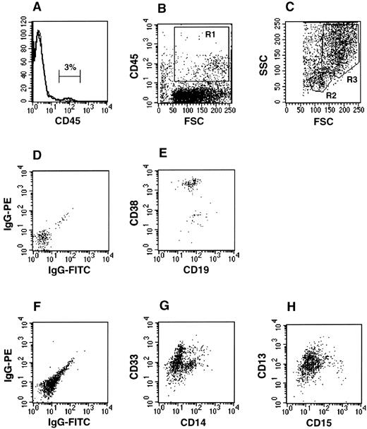 Fig. 3. Multilineage engraftment in the BM of a mouse transplanted with CB cells at limiting dilution. BM from a mouse transplanted with 1 × 106 CB cells and killed after 6 weeks was stained with human-specific monoclonal antibodies and analyzed by flow cytometry. (A) Histogram of pan-leukocyte marker CD45 expression demonstrating 3% human cell engraftment in this mouse. (B) Cells for analysis were acquired in a live gate (R1) based on CD45 positivity and medium to high forward scatter. (C) Cells were further gated based on forward and side scatter properties into lymphoid/blast (R2) and myeloid (R3) windows. (D) Isotype control for nonspecific IgG staining of cells in R2. (E) Expression of CD38 and CD19, a pan-B-cell marker, on cells in R2. (F ) Isotype control for cells in R3. (G) Expression of myeloid marker CD33 and monocytic marker CD14 on cells in R3. (H) Expression of myeloid marker CD13 and mature granulocyte marker CD15 on cells in R3.