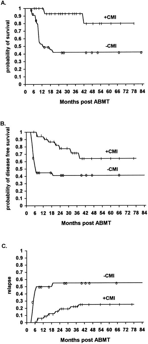 Fig. 2. The effect of rIL-2/IFN-α immunotherapy on actuarial survival (A), DFS (B), and relapse (C) in NHL patients who received immunotherapy (n = 32) versus controls (n = 36, TRT + R) after autologous bone marrow transplantation (P < .01, P < .01, and P < .01, respectively).
