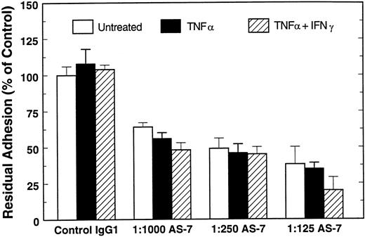 Fig. 3. Attachment of untreated, TNF-α–treated, and TNF-α + IFN-γ–treated HUVEC to WT-vWF in the presence of the GP Ibα MoAb AS-7. Attachment was determined at 60 minutes in the absence or presence of increasing amounts of the anti-GP Ibα AS-7 MoAb and compared with attachment to WT-vWF in the presence of control IgG1 (1:125 dilution).