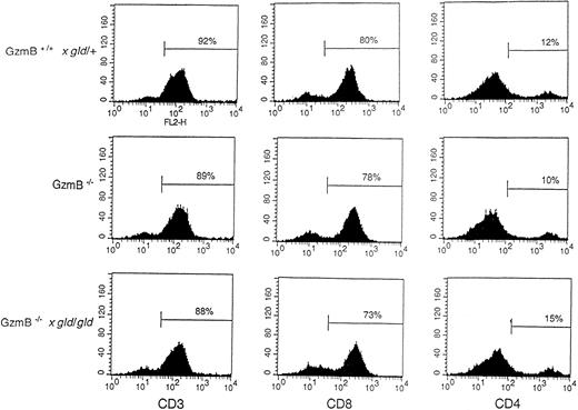 Fig. 2. Flow cytometric characterization of day 5 MLR-generated CTLs (H-2b anti–H-2d) derived from granzyme B+/+, granzyme B−/−, and granzyme B−/− × gld/gld spleens. CTLs were analyzed for CD3, CD4, and CD8 expression by flow cytometry. The relative number of live-gated cells (Y-axis) and logarithmic fluorescence intensity (X-axis) are plotted. All three types of CTLs have a similar composition of T-cell subsets, showing the normal ability of granzyme B−/− × gld/gld effectors to proliferate and activate in response to allogeneic stimuli in vitro.