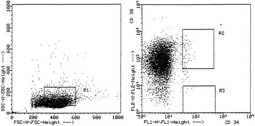 Fig. 1. Representative flow cytometric analysis of patient no. 1. Ten thousand cells were aquired in listmode on a FACScan with two gates showing the sorted two different maturational subpopulations: CD34+/38+ cells in fluorescence gate R2 with light scatter gate R1 and CD34+/38− cells in fluorescence gate R3 with light scatter gate R1.