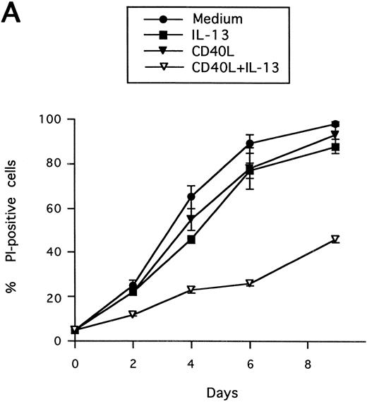 Fig. 3. Synergistic effect of IL-13 with CD40L on PB B-cell apoptosis. B cells were cultured with IL-13 (A) or IL-4 (B), alone or in combination with CD40L (1:10 dilution), and cell death was measured by PI staining at the indicated time points. Results are presented as mean ± SEM of three experiments.