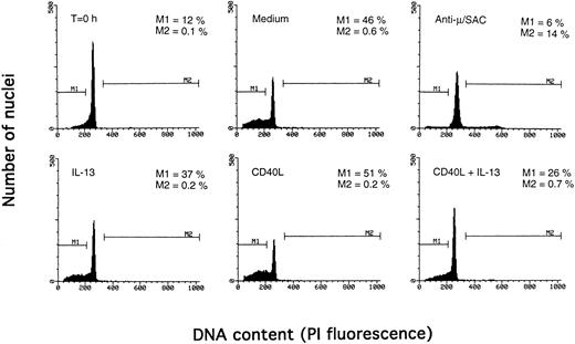 Fig. 5. Determination of apoptosis and cell cycle distribution by the Nicoletti technique. PB B cells were cultured with the indicated agents for 3 days, and DNA content was determined by the Nicoletti technique as described in Materials and Methods. The percentage of apoptotic cells in the subdiploid peak is indicated by M1, and the percentage of cells in the S/G2/M phase of the cell cycle by M2. The results are from one representative experiment of three.