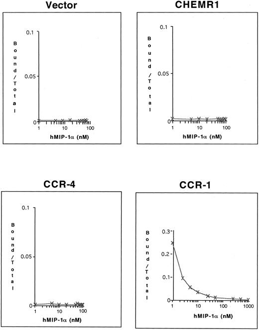 Fig. 9. Competition of 125I–MIP-1α binding to HEK 293 cells transfected with CHEMR1, CCR-4, and CCR-1. Transfected cells (2 × 105 cells) were incubated with 0.1 nmol/L 125I–MIP-1α and varying concentrations of unlabeled MIP-1α at 37°C for 1 hour. The incubation mixtures were layered on 10% sucrose gradients, and labeled cells were recovered from pellets. In the case of CCR-1, 25% of the total input 125I–MIP-1α (∼105 cpm) bound to transfected cells in the absence of cold hMIP-1α, whereas the background level was less than 200 cpm.