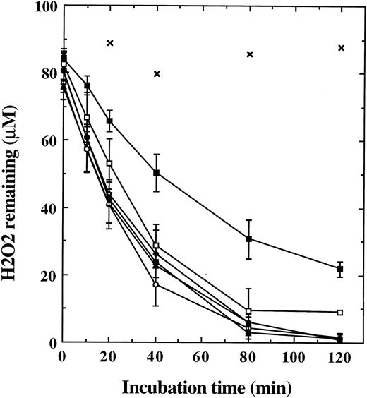 Fig. 4. Depletion of H2O2 by BL cell lines. The ability of BL cell lines to degrade H2O2 (peroxidase-like activity) was assessed as described in the Materials and Methods. A concentration of 100 μmol/L H2O2 was added to each cell suspension (5 × 105 cells/mL). After various times of incubation at 37°C, aliquots were removed and the medium was assayed for the presence of residual H2O2 . The X's show the stability of H2O2 incubated in medium in the absence of cells. (▵) ST-486; (○) CA-46; (•) BJAB; (⋄) JD-38; (▪) EW-36; (□) JLP 119; (×) H2O2 only.