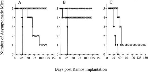 Fig. 3. Efficacy of G28-5 sFv-PE40 on Ramos xenografted SCID mice and the effect of administration schedule. Ramos xenografted SCID mice treated with G28-5 sFv-PE40 with a schedule of q2dx5 (A), q3dx5 (B), or q4dx5 (C) with a dose of either 0.13 mg/kg (▿) or 0.26 mg/kg (□). Control mice (♦) received no immunotoxin. Animals in (C) received only the 0.26 mg/kg dose.
