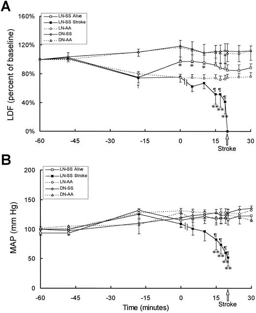Fig. 4. LDF and MAP in rats systemically treated with L/D-NAME and infused with human RBCs. Washed human SS-RBCs or AA-RBCs (3 mL) were infused (time −18 to 0 minutes) into rats treated with either L-NAME or D-NAME (time −48 minutes) as described in Fig 3: L-NAME + AA-RBCs (LN-AA, n = 6), D-NAME + SS-RBCs (DN-SS, n = 5), and D-NAME + AA-RBCs (DN-AA, n = 3). The group of rats that received L-NAME and SS-RBCs was divided into two groups: (1) rats that survived the experiment (LN-SS alive, n = 4) and (2) rats that developed stroke and died (LN-SS stroke, n = 5). To allow for comparison with the other groups and statistical analysis, the time of stroke (LDF <10) for rats in the LN-SS stroke group was normalized to 20 minutes (median time of stroke); data collected for the 15 minutes immediately before the stroke was also normalized (normalized times of 5, 10, 15, 17, 19, and 20 minutes). The graphs represent the mean ± SE of the (A) LDF (percent change from baseline) and (B) MAP (mm Hg). †P < .01 for all L-NAME–treated groups compared with all D-NAME–treated groups. *P < .05 for LN-SS stroke group compared with LN-SS alive group. **P < .05 for LN-SS stroke group compared with all other groups. ¶P < .05 compared with time 0 within the LN-SS stroke group.