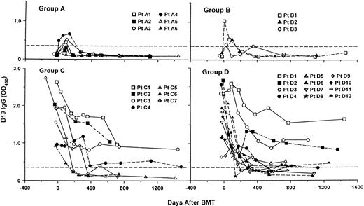 Fig. 2. Temporal changes in B19 IgG antibody in 33 BMT patients with no evidence of recent B19 infection. Group A, seronegative recipients with seronegative donors; group B, seronegative recipients with seropositive donors; group C, seropositive recipients with seronegative donors; group D, seropositive recipients with seropositive donors. (Data on patients D13 through D17 were omitted for clarity because they would have superimposed on the data for the 12 patients shown that give an accurate representation of the range of results.) The dotted line gives the manufacturer's cutoff.