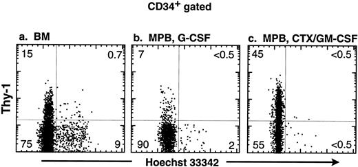 Fig. 4. Cell cycle analysis of human CD34+ progenitors from BM and MPB after mobilization with G-CSF or CTX/G-CSF. The CD34+ subset of cells was obtained stained with Hoechst 33342 and antibodies specific for Thy-1. The FACS plots of the CD34+ gated populations show Hoechst 33342 staining versus Thy-1 expression from cells isolated from (a) BM from an untreated donor, (b) MPB from a donor treated with G-CSF, and (c) MPB from a patient treated with a combination of CTX/GM-CSF. The percentage of CD34+ cells is shown in each quadrant of the FACS plot.