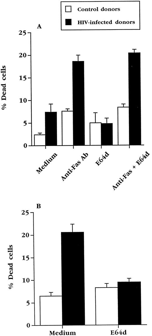 Fig. 5. E64d does not inhibit apoptosis induced directly via Fas. Fresh PBL from uninfected (n = 3) or HIV+ (n = 4) individuals were treated with anti-Fas antibody CH11 (100 ng/mL) in the presence or absence of 50 μmol/L E64d. Cell viability was determined in duplicate wells by trypan blue exclusion after 20 hours of culture. (B) The PBL used in (A) were cultured in complete medium for 3 days in the presence or absence of 50 μmol/L E64d. Cell viability was determined in duplicate wells by trypan blue exclusion.