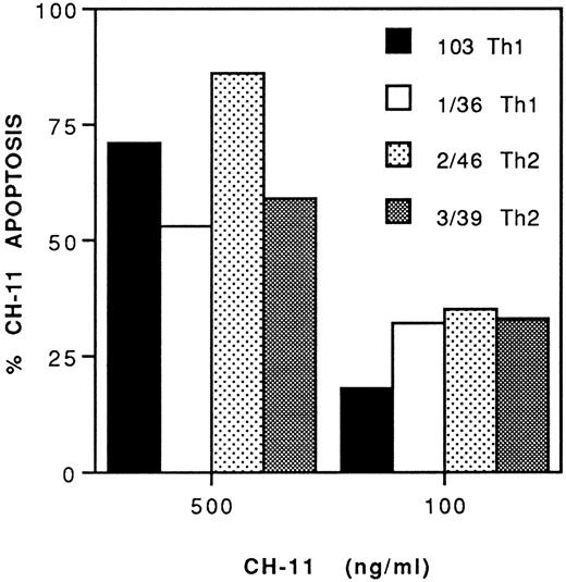 Fig. 4. Both Th1 and Th2 clones are susceptible to anti-CD95 MoAb-induced apoptosis. Two Th1 (103 and 1/36) and two Th2 clones (2/46 and 3/39) were cultured in medium only or with the indicated doses of anti-CD95 agonistic MoAb CH-11. Cells were collected after 4 hours and stained by TUNEL. The percentage of CH-11 apoptosis was calculated by subtracting background apoptosis in medium alone (15%, 21%, 5%, and 10% in clones 103, 1/36, 2/46, and 3/39, respectively), to that obtained in the presence of the indicated doses of MoAb.