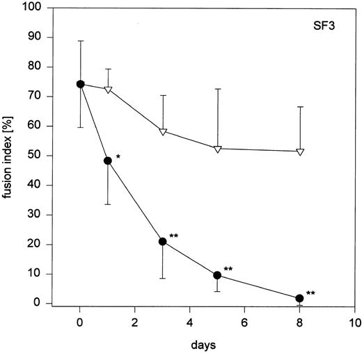 Fig. 4. Fig 4 (cont'd). (A) Influence of monocyte to macrophage maturation on the formation of MGC. Monocytes were cultured with (•) and without (▿) human serum to induce/prevent macrophage maturation and stimulated with conditioned medium. Six different media were compared (Ultradoma-PF, Ultradoma, RPMI 1640, SF3, CG, and RG, the latter two inducing monocyte maturation by themselves). Each point represents the mean of six experiments performed with cells obtained from different donors. Deviations from the mean are caused mainly by the donor variability found on day 0 (fusion rates ranging from 55% to 90%). The capacity to fuse is gradually lost during maturation. Asterisks indicate statistically significant differences between cultures with and without human serum (*P < .05, **P < .01). Two typical examples are shown in the photographs. Following culture in protein-free medium (Ultradoma-PF ) without (B) or in the presence of (C) human serum, formation of MGC is still possible (B) or markedly reduced (C). Stimulation was performed on day 5. Giemsa, original magnification × 50.