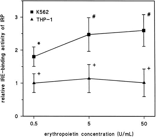 Fig. 3. Dose-response curve of IRE-binding activity of IRP upon treatment with Epo. THP-1 or K562 cells were treated with increasing concentrations of human recombinant Epo (Epo) for 24 hours. After this treatment, detergent cell extracts were prepared and RNA-protein interaction was assayed by gel retardation assay as described in the Materials and Methods. The IRE/IRP complexes were then densitometrically quantified and related to the amount of RNA-protein interaction in untreated cells (control), which was set at 1 (ie, 100%). The results are plotted as means ± SD for four (K562) or three (THP-1) independent experiments. The calculation of statistical differences from the control was performed using the Student's t-test. #P < .01; *P < .05; +P < .05, not significant.