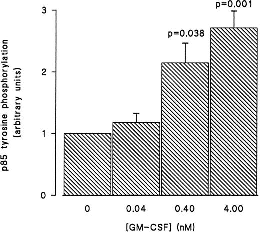 Fig. 2. Concentration-dependent increase in the level of tyrosine phosphorylation of the p85 subunit of PI3-kinase in GM-CSF–treated neutrophils. The cells were stimulated with 0.04, 0.4, and 4 nmol/L of GM-CSF for 15 minutes at 37°C, lysed under denaturing conditions, and the immunoprecipitations were performed using agarose-conjugated antiphosphotyrosine antibodies. The p85 subunit of PI3-kinase was revealed by blotting with specific anti-p85 antibodies. The densities of the bands were quantified by densitometry. Statistical significance of the difference from control, unstimulated, cells was tested using unpaired Student's t-test. Mean ± SEM of three independent experiments.