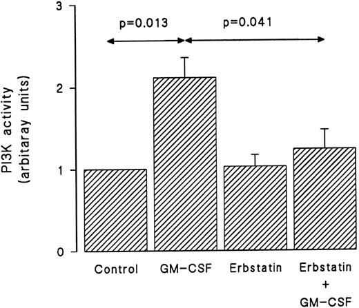 Fig. 3. GM-CSF–induced activation of PI3-kinase is dependent on tyrosine kinase activity. Neutrophils were pretreated with erbstatin (10 μg/mL) or diluent (0.1% DMSO) for 1 hour at 37°C. This was followed by treatment with GM-CSF or diluent (0.01% BSA) for 15 minutes at 37°C. Lysis was conducted under nondenaturing conditions and immunoprecipitation was performed using anti-p85 polyclonal antibodies. An in vitro kinase assay was conducted using phosphatidylinositol as substrate. Lipids were separated by TLC and revealed by autoradiography and quantified by densitometry. Statistical significance was evaluated using unpaired Student's t-test. Mean ± SEM of four independent experiments.