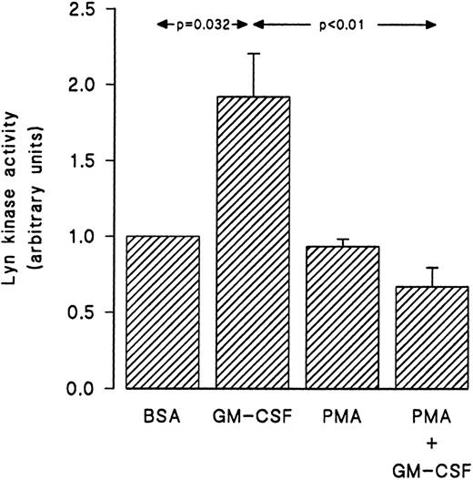 Fig. 9. Effect of PMA on the stimulation of the activity of lyn induced by GM-CSF in human neutrophils. The cells were simultaneously treated with BSA (0.0.1%), GM-CSF (4 nmol/L), and/or PMA (90 nmol/L) for 15 minutes at 37°C. The cells were then lysed under nondenaturing conditions and lyn was immunoprecipitated as described in Materials and Methods. An in vitro kinase assay using a specific synthetic substrate was conducted as detailed in Materials and Methods. The level of the phosphorylation of the peptide was monitored by liquid scintillation counting. Statistical significance was evaluated using unpaired Student's t-test. Mean ± SEM of four independent experiments.