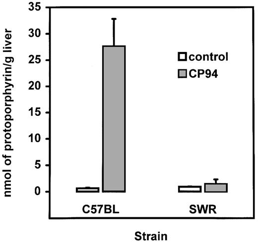 Fig. 4. Comparison of response to CP94 in C57BL/10ScSn and SWR mice. Mice received CP94 in the water (2 mg/mL) for 2 weeks. Results are significantly different in the C57BL/10ScSn group, but not in the SWR mice (n = 3 or 4 per group).