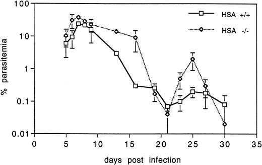 Fig. 6. HSA-deficient mice infected with P chabaudi chabaudi have higher blood parasitemia, but are able to clear the infection as well as wild-type mice. The percent of infected erythrocytes is shown at various days after infection. The values are the averages and standard deviations of five mice in each group and are representative of three independent experiments.