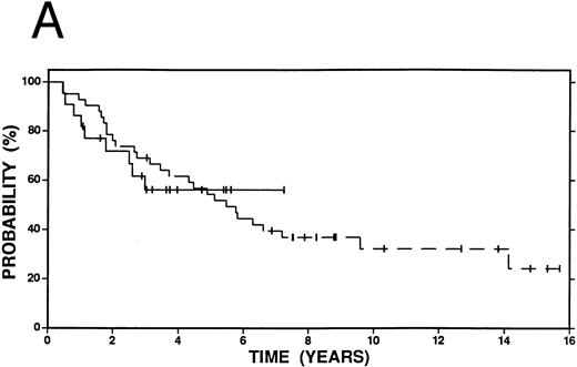 Fig. 2. Survival in patients with an initial duration of remission longer than 12 months treated at relapse with either high-dose therapy and autografting (solid line, n = 22) or conventional salvage therapy (n = 42, dashed line). (A) Overall survival. Log-rank P < .20. (B) Event-free survival. Log-rank P < .20.