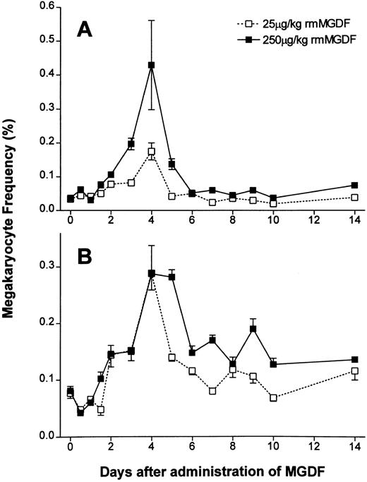 Fig. 3. Effect of a single intravenous injection of rmMGDF on the frequency of (A) 2N-4N megakaryocytes and (B) 8N-128N polyploid megakaryocytes. The frequency of 2N/4N cells was significantly increased from days 2 to 4 in mice treated with 25 μg/kg of MGDF and from days 2 to 5 in mice treated with 250 μg/kg ofMGDF (A). The frequency of 8N-128N cells was significantly increased from days 3 to 5 in mice treated with 25 μg/kg MGDF and from days 2 to 14 in mice treated with 250 μg/kg MGDF (B). At 12 hours, the frequency of 8N-128N cells was significantly decreased with the 250-μg/kg dose of MGDF (B). Each data point represents the mean ± SEM of megakaryocyte frequency; for the 25-μg/kg dose, n = 4-10 mice per MGDF group and n = 13 for controls and for the 250-μg/kg dose, n = 5-9 mice per MGDF group and n = 20 for controls. Data from control mice were pooled to represent the day 0 data point.