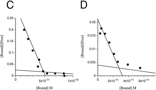 Fig. 6. Scatchard transformation of representative binding data. (A) COS cells transfected with IL-3Rα + hβc showing two site binding kinetics with a mean high-affinity kd of 80 pmol/L (n = 6, P < .001). (B) COS cells transfected with IL-3RΔNT + hβc also showing two site binding kinetics, but with a 14-fold decreased mean high-affinity kd of 1,146 pmol/L (n = 4, P < .001). (C) FDC-P1 cells stably expressing IL-3RαΔCT + hβc (high-affinity kd of 224 pmol/L). (D) FDC-P1 cells stably expressing IL-3RαΔNT + hβc (high-affinity kd of 1,600 pmol/L). Data points are the means of duplicates.