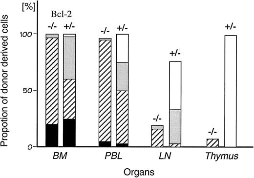 Fig. 4. Comparison of the chimerism in individual hemato/lymphoid organs of the recipient chimeric mice. The percentage of donor-derived cells (Ly5.2 positive cells) at 8 months after transplantation in each organ was analyzed by flow cytometry. The chimerism in BM was defined as 100. Percent chimerism was calculated as (percentage of the population in each organ)/(percentage of the population in BM). The average proportion of each cell lineage in individual organs is shown as T lymphocytes (□), B lymphocytes (), myeloid (▨), others (▪). Experiments were performed using seven bcl-2−/− chimeric mice and four control chimeric mice from which the means were calculated.