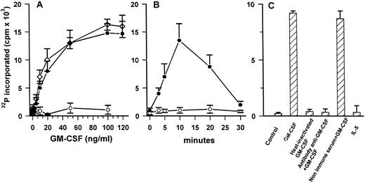 Fig. 7. In vitro phosphorylation of VLPQDKEYYKVKEPGE substrate. (A) Dose-dependent effect of GM-CSF–induced activation of JAK2 in ECs (•) and U937 cells (⋄). Cells were stimulated for 5 minutes with increasing amount of cytokine. Anti-JAK2 immune-complexes (•, ⋄) or immune complexes obtained with nonimmune rabbit serum (○), in triplicate, were incubated in kinase buffer containing 5 μg of peptide and processed as described in Materials and Methods. (B) Time course of GM-CSF (50 ng/mL)–dependent activation of JAK2 in ECs. (C) Effect of stimulation of JAK2 catalytic activity in ECs treated for 5 minutes with GM-CSF (50 ng/mL), heat-inactivated GM-CSF (50 ng/mL), GM-CSF (50 ng/mL) neutralized by specific antibody or by nonimmune serum, and IL-5 (50 ng/mL). Mean ± SD of three samples in one experiment representative of three performed.