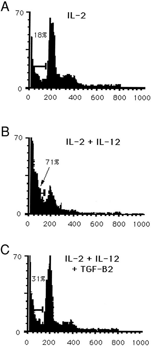 Fig. 6. Reduction in cytokine-induced apoptosis by TGF-β. Purified CD3−CD56+ human NK cells were cultured for 3 days in medium containing (A) 15 ng/mL IL-2, (B) IL-2 and 3 ng/mL IL-12, or (C) IL-2, IL-12 and 2 ng/mL TGF-β2 . Nuclei were stained with PI and then quantitated for apoptosis by flow cytometry. Results are representative of three independent experiments.