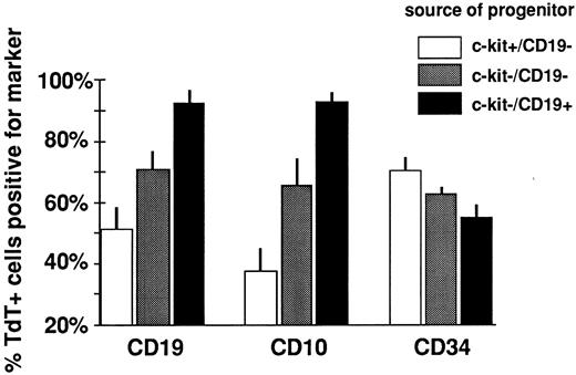 Fig. 6. c-kit expression in CD19− progenitors is inversely related to B-lymphoid differentiation potential in short-term culture. The percentage of TdT+ cells from different progenitor sources expressing each differentiation marker after culture is indicated (mean ± SEM, n = 4 to 5 for CD19 and CD34 and n = 3 to 5 for CD10). The % CD10+ and CD19+ cells from all three populations was significantly different (P < .05, t-test). The % CD34+ cells from the c-kit−/CD19+ fraction was significantly different versus c-kit+/CD19− (P < .05, paired t-test). The % CD34+ cells from c-kit+/CD19− and c-kit−/CD19− fractions was not significantly different.