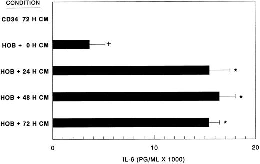 Fig. 6. Human CD34+ bone marrow cell-conditioned medium stimulates elevated IL-6 synthesis. Bone marrow CD34+ bone cell-conditioned medium (CM) was prepared as detailed in the Materials and Methods over a 72-hour (0, 24, 48, and 72 hours) period. CM (80% vol/vol) was assayed for IL-6 stimulatory activity on confluent human osteoblast monolayers (HOB) grown in 96-well tissue culture plates at 72 hours by ELISA. Data from a representative of three experiments are presented as the mean ± standard deviation for triplicate determinations. IL-6 levels of CM before HOB exposure were ≤6 pg/mL (CD34 72 H CM). Basal production of IL-6 by HOB cells (HOB + 0 H CM). +Significant difference from CD34+ conditioned medium alone. *Significant difference from HOB basal levels.