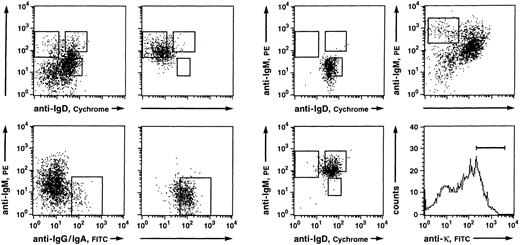 Fig. 1. Fluorescence analysis of B cells derived from PB lymphocytes of a 27-year-old person (donor B; left and middle) and a 32-year-old donor (right). (Top left) Anti-IgD/anti-IgM and (bottom left) anti-IgG and IgA/anti-IgM three color stainings of CD19+ B cells enriched by MACS and the corresponding reanalyses of (top middle left) IgM++IgD−, (top middle right) IgM+IgD+, (bottom middle left) IgG+ and IgA+, and (bottom middle right) IgM++IgD+ B-cell populations. Indicated are the gates set for sorting of the respective B-cell subsets. The sorted fractions derived from this donor (B) were used for the sequence analysis of expressed Vκ3 genes and, except the IgM++IgD+ fraction, for the comparative PCR experiment. (top right) Anti-IgD/anti-IgM and (bottom right) anti-κ stainings of CD19+ B cells enriched by MACS. Indicated are the gates set for sorting of single κ+ IgM++IgD− cells.