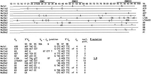 Fig. 2. Somatic mutation in Vκ genes amplified from IgM++IgD− PB B cells by single-cell PCR. (Upper part) Vκ sequences are designated Mo for IgM-only, followed by a sample number and the corresponding Vκ family to which the sequence could be assigned. Shown are the nucleotide differences in the Vκ sequences compared with the corresponding germline genes, which are indicated in the right column. The original references of the respective Vκ germline genes (with the exception of LFVk43131) are summarized in a recent review by Schäble and Zachau.27 LFVk431 might represent a polymorphic form of L1.31 Depicted are only those codons of the Vκ germline genes that differed from the respective Vκ sequences. CDRs and codons are numbered according to Kabat et al.32 (Dashes) Nucleotide identity to the corresponding germline genes. (Uppercase letters) Replacement mutations. (Lowercase letters) Silent mutations. (Dots) Codons are absent in the respective Vκ rearrangements. (Lower part) Nucleotide sequences of Vκ-Jκ junctions and number of nucleotide differences to the respective Vκ and Jκ33 germline genes. Indicated are the 3′end of the respective Vκ gene, N region nucleotides (N), and the 5′end of Jκ . (nf ) Nonfunctional rearrangement. The sum of nucleotide differences relative to the corresponding germline genes is shown in the right column. Mutations considered for the analysis are separated by a stretch of at least three identical nucleotides to the 3′Vκ and 5′Jκ ends, respectively. Underlined nucleotides as well as N-region insertions at the Vκ-Jκ junction were not counted as mutations. Sequences are available from EMBO/GenBank/DDBJ under accession no. Z82129-Z82167.