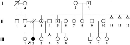 Fig. 4. Pedigree of family no. 2: ALPS patient no. 2, (•); unaffected individuals are represented by open symbols; open symbols with dots indicate clinically normal carriers of the Fas mutation; and open triangles indicate spontaneous abortion.