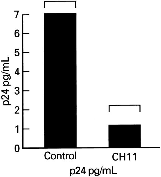 Fig. 6. p24 production by lymphocytes from HIV-infected patients after cocultivation with CH11. Columns indicate p24 production adjusted per 105 viable PBMCs.