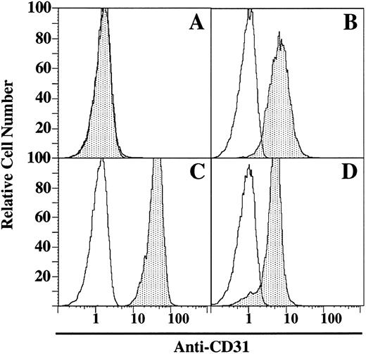 Fig. 3. Immunofluorescence analysis. Expression of CD31 on Lyt2+-AR. CTL line (A), ConA-activated BALB/c spleen cells (B), 1934.4 hybridoma (C), PL/J spleen cells (D). Open areas are isotope control MoAb; shaded areas are reactivity of CD31 MoAb. Results are representative of 3 separate experiments.