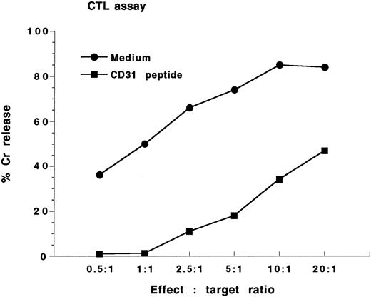 Fig. 4. CTL assay. The Lyt2+-AR1 mouse CTL line was cocultured with irradiated BALB/c spleen cells for 6 days. AR1 cells were washed and plated at increasing E:T ratios (0.5:1, 1:1, 2.5:1, 5:1, 10:1, 20:1) with 51Cr-labledBALB/c as targets in the presence or absence of CD31 peptide (200 μg/mL). Results are expressed as mean percent specific 51Cr release from triplicate wells and are reprecentative of 3 separate experiments.