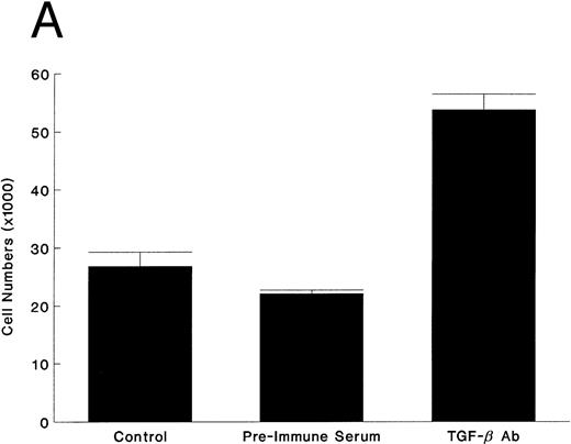 Fig. 5. Effect of TGF-β on KS cell growth. Equal numbers of KS cells were seeded in triplicate in 24-well plates and treated with either polyclonal TGF-β neutralizing antibody (10 μg/mL) or preimmune serum (A) or recombinant human TGF-β1 at various concentrations (B) on day 1 and day 3, and the cells were counted on day 6. The results are shown as mean ± SE.