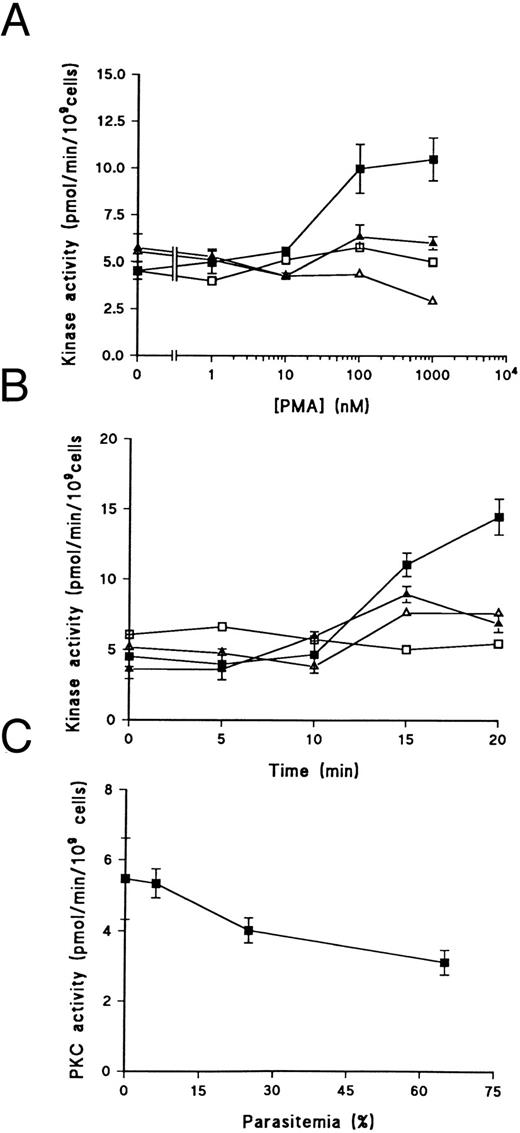 Fig. 5. In situ PKC activity in uninfected and infected erythrocytes. (A) Dose-dependent PKC activation by PMA. PKC activity in uninfected erythrocytes (▪) and 65% infected erythrocytes (▴) prepared as described in Materials and Methods section and incubated for 15 minutes at 37°C with various concentrations of PMA. Results represent the mean of triplicate values ± SEM. Non-PKC activity in uninfected (□) and infected (▵) cells, as measured in the absence of Ca2+ and the presence of 50 μmol/L PKC,19-31 represents the mean of duplicate values. These results are representative of three separate experiments. (B) Time course of PKC activation by PMA. PKC activity in uninfected erythrocytes (▪) and 55% infected erythrocytes (▴) prepared as described in Materials and Methods and incubated with 500 nmol/L PMA at 37°C for various times. Results represent the mean of triplicate values ± SEM. Non-PKC activity in uninfected (□) and infected (▵) cells, as measured in the absence of Ca2+ and the presence of 50 μmol/L PKC,19-31 represents the mean of duplicate values. These results are representative of three separate experiments. (C) Effect of parasitemia on PKC activity. Plasmagel-enriched parasites were diluted to various parasitemias with cells from the same culture before enrichment and incubated for 15 minutes with 500 nmol/L PMA. Results given represent the mean of triplicate assays ± SEM.