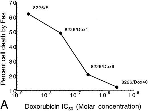 Fig. 3. Correlation of drug resistance with Fas-mediated resistance as determined by IC50 for drug- versus Fas-induced cell death. The percentage of cell death induced by anti-Fas was assayed by flow cytometry analysis of 7-AAD cells. IC50 of the selection agent is determined by the concentration that inhibits growth by 50% in a modified tetrazolium-based assay as previously described.30 (A) Doxorubicin-resistant cells (Dox); (B) Mitoxantrone-resistant cells (MR).