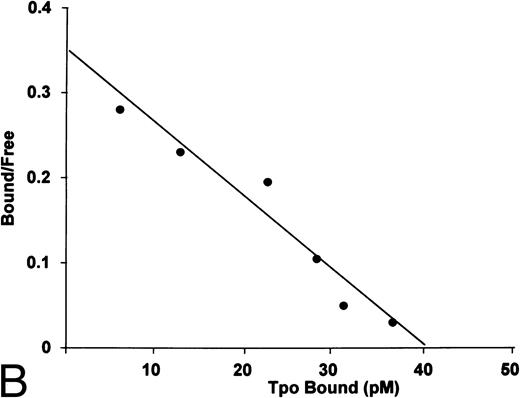 Fig. 2. Binding of 125I-Tpo to normal human platelets. The platelets (1.0 × 108) were incubated with 125I-Tpo (30 pmol/L to 1.2 nmol/L) without (——) or with (⋅⋅⋅) or a 100-fold excess of unlabeled Tpo for 1 hour at 37°C (A). The results represent the mean of triplicate determinations. The data were analyzed using the ligand program (B). Four additional independent experiments gave similar results.