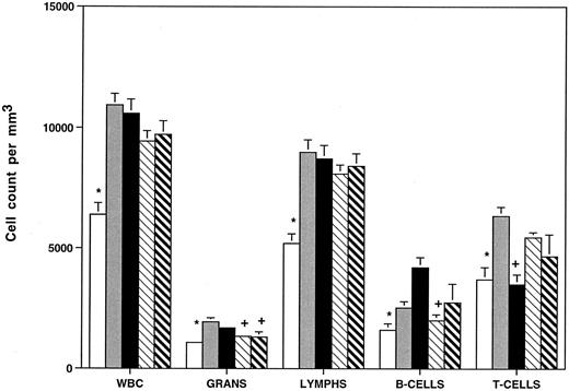 Fig. 4. HOXA9−/− animals have reduced total white blood cell counts, granulocytes, and B and T lymphocytes. Peripheral blood cell counts were determined for (□) HOXA9 homozygotes (n = 22), () heterozygotes (n = 12), and normal parental strains including (▪) C57B1 (n = 24), (▧) 129 Sv/Ev (n = 18), and (▧) F1 hybrids of C57B1 and 129 Sv/Ev (n = 20). Animals were 9 to 12 weeks of age. WBC, total white blood cell counts; Grans, granulocytes; lymphs, lymphocytes. All counts expressed as cells/mm3 (mean ± SE). B- and T-cell counts were determined by FACS analysis using antibodies to B220 and CD3 on samples from 8 to 9 animals per group. Leukocyte counts of HOXA9−/− animals were compared with those of each group of control animals using a 2-tailed Student's t test. Control counts were significantly different from HOXA9−/− counts (P < .05), except those marked with a plus sign (+).
