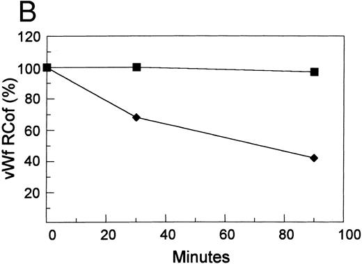 Fig. 5. Inhibition by doxycycline of vWF proteolysis. (A) Doxycycline-inhibited proteolytic cleavage of R834W vWF mutant. Autoradiographs of a 1.5% SDS agarose gels probed with 125I-labeled anti-vWF. Lanes 1 through 4 and lanes 5 through 8, R834W vWF mutant incubated with 1 U/mL proteinase without and with 2 mmol/L doxycycline, respectively, for 15 minutes (lanes 1 and 5), 30 minutes (lanes 2 and 6), 60 minutes (lanes 3 and 7), and 90 minutes (lanes 4 and 8). (B) Doxycycline prevented the decrease of R834W vWF Rcof activity by the plasma proteinase. vWF ristocetin cofactor (RCof) was expressed as the percentage of the vWF incubated with TBS. (▪) R834W vWF + proteinase treated with 2 mmol/L doxycycline. (♦) R834W vWF + proteinase.