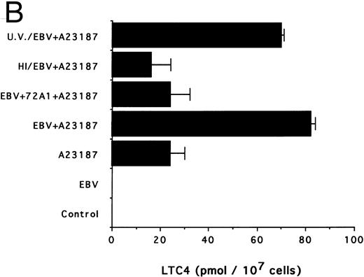 Fig. 3. Effects of infectious and inactivated viruses on LTB4 and LTC4 synthesis. Enriched monocyte suspensions (5 × 106 cells/0.1 mL) were preincubated or not with infectious or inactivated viral particles for 30 minutes at 37°C and diluted 10-fold with HBSS before A23187 stimulation (75 nmol/L) for 5 minutes. Analyses of LTB4 (A) and LTC4 (B) contents of incubation media were performed as described in the Materials and Methods. Results are from one experiment (mean ± SD of triplicate incubations) and are representative of three separate experiments. UV/EBV, UV-irradiated EBV; HI/EBV, heat-inactivated EBV; EBV/72A1, EBV neutralized with the MoAb 72A1.
