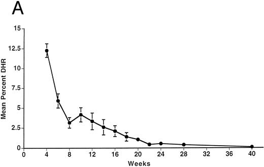 Fig. 1. Kinetics of appearance of NADPH oxidase–positive blood neutrophils after gene therapy in p47phox−/− mice. Mice undergoing gene therapy were bled at 1 month after transplant and biweekly thereafter. Gene expression in PMA-activated neutrophils was detected by flow cytometry using the fluorescent probe dihydrorhodamine-123 (DHR). Data shown are the percentage of NADPH oxidase–positive blood neutrophils in experimental mice adjusted for the percentage determined in WT mice. (A) Mean percent of PB neutrophils that are NADPH oxidase positive in the DHR assay for nine experimental p47phox−/− mice beginning at 4 weeks after gene therapy. The vertical axis is the mean percentage ± SEM of DHR+ circulating neutrophils in experimental mice. The horizontal axis represents time in weeks. This figure is derived from the data set shown in Table 1. (B) DHR flow cytometric dot-plot analysis of PB NADPH oxidase–positive neutrophils from one of the experimental p47phox−/− mice included in the averaged data presented in (A). The vertical axis is neutrophil side scatter and the horizontal axis is neutrophil DHR fluorescence as a measure of NADPH oxidase activity. In each dot plot, 10,000 events (cells) are indicated with DHR+ neutrophils in a cluster to the right of the vertical line. The top dot plot displays the neutrophil DHR fluorescence from a representative WT mouse and is followed by sequential dot plots of the gene corrected p47phox−/− mouse beginning 1 week before gene therapy (baseline) and then followed at 4-week intervals after gene therapy out to 20 weeks.