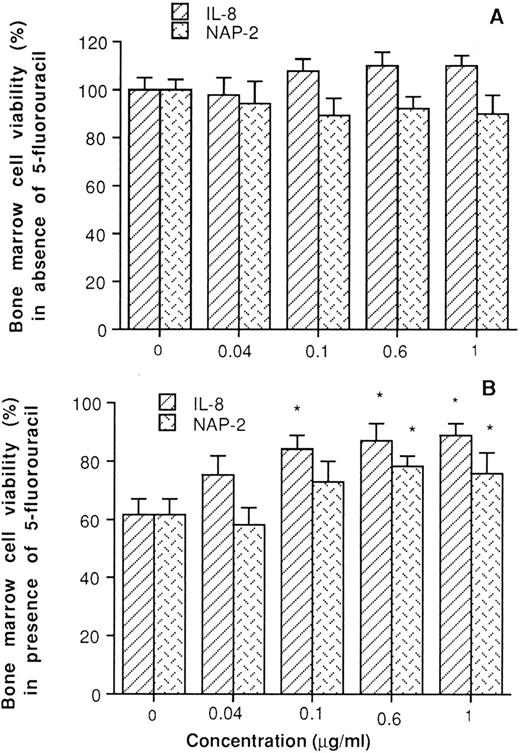 Fig. 2. Effects of IL-8 and NAP-2 on the viability of normal human bone marrow cells (A) and on the sensitivity of the cells to 5-FU (B). Cells (2 × 106/mL) were preincubated with IL-8 or NAP-2 for 48 hours. 5-FU (1 μg/mL) was then added respectively for an additional 24 hours. Cell viability was measured with an MTT assay. *P < .05 v control cells.