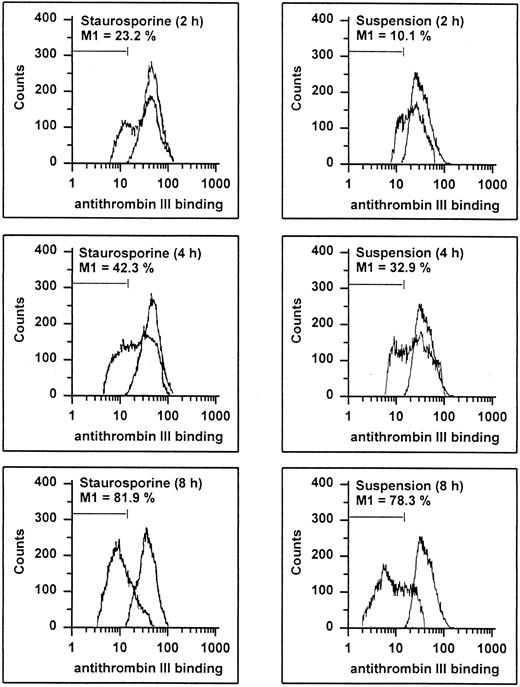 Fig. 8. Flow cytometric determination of HS. HUVECs treated with staurosporine (left panels) or kept in suspension with serum deprivation (right panels) for 2, 4, and 8 hours were harvested, washed, and incubated with ATIII for 30 minutes. Cells were then stained with an antihuman ATIII MoAb, followed by an FITC-conjugated goat antimouse antibody. The M1-region is defined as the percentage of events below the control (all panels, right peak). The results of one representative experiment of three performed are shown.