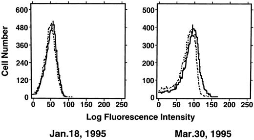 Fig. 3. Expression of p-glycoprotein in case 4. Immunofluorescent flow cytometric analysis of p-glycoprotein on leukemic cells from the patient (case 4) was performed. Cells were stained with anti–p-glycoprotein monoclonal antibody JSB-1 ( — ) followed by PE-conjugated goat anti-mouse IgG as a secondary antibody. As a negative control (- - - - - - -), only secondary antibody was used.