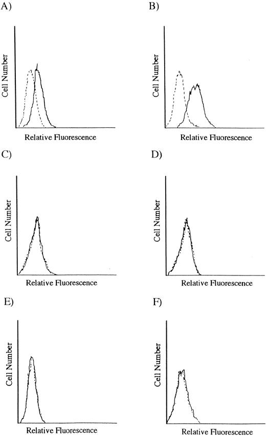 Fig. 5. Expression of Pgp on T-cell leukemia cell lines. HL-60 and HL-60/ADM cells were used as positive controls. (A) HL-60, (B) HL-60/ADM, (C) ATL-2, (D) ATL-2/ADM cl-2, (E) SALT-3, and (F) SALT-3/ADM cl-2.
