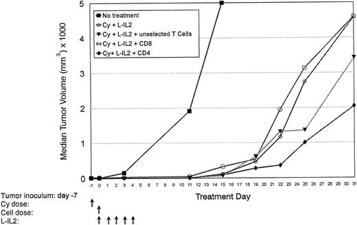 Fig. 1. Normal C57BL/6 mice are inoculated with MC-38 SC in the right hindflank (Table 1, experiment 1). After 7 days, mice received T cells (6.5 × 107 cells/injection) or T-cell subsets (3.2 × 107 cells/injection) as indicated. Tumor volumes were measured over 31 days. Median tumor volumes are shown for each treatment group. There were 10 mice per group.